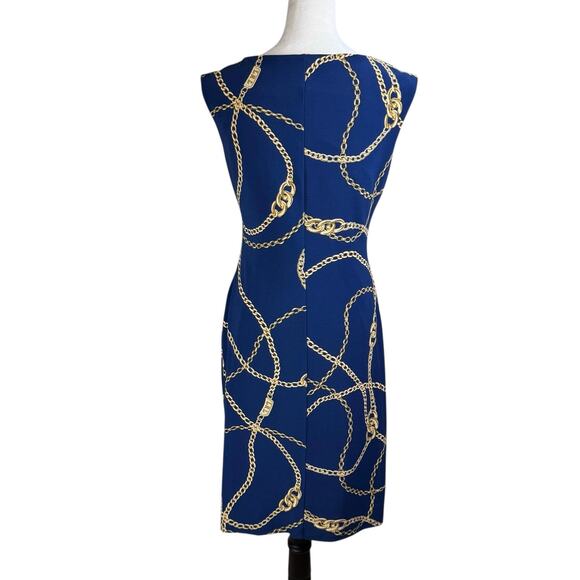 Lauren Ralph Lauren Navy Blue Gold Chain Print Sleeveless Jersey Stretch Dress - Picture 3 of 11